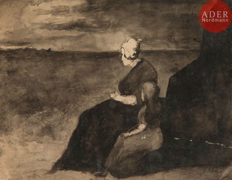 Théodule Augustin RIBOT (1823-1891)
Femme et jeune fille regardant la mer
Encre et lavis d’encre.
Signée en bas à droite.
(Plis et petites déchirures sur les bords).
21.5 x 26.7 cm