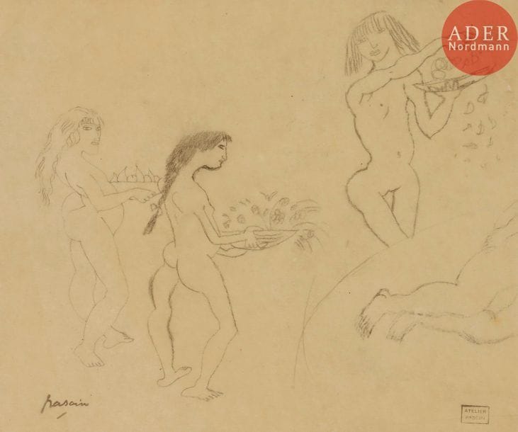 Julius Pincas, dit Jules PASCIN (1885-1930)
Nymphes aux coupes de fruits et fleurs
Crayon sur calque.
Porte les timbres de la signature et de l’atelier l’atelier (Lugt 2014a et 2014b).
(Plis).
20 x 24.5 cm

Nous remercions le comité Pascin d'avoir confirmé l'authenticité de cette œuvre.