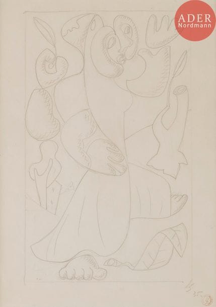 Léopold SURVAGE (1879-1968)
Femme à la feuille, 1935
Mine de plomb.
Monogrammée et datée en bas à droite.
Porte le timbre de l’atelier.
27 x 19 cm