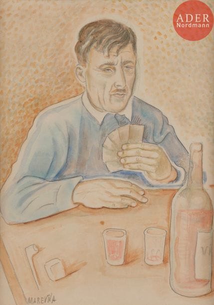 Marie Vorobieff, dite MAREVNA (1892-1984)
La Partie de cartes
Aquarelle et mine de plomb.
Signée en bas à gauche.
29.5 x 21 cm