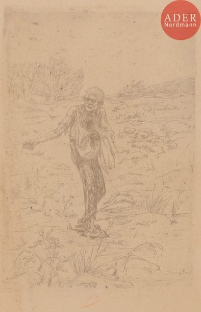 Félicien ROPS (1833-1898)
Portrait de paysanne
Crayon.
Dessin en remarque sur l’eau-forte « Le Semeur de Paraboles ». 
Première épreuve monogrammée au crayon rouge. 22 x 15 cm 
Le dessin : 7.5 x 7.5 cm