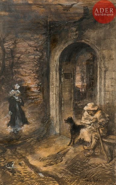 Félix BUHOT (1847-1898)
Le Pâtre (projet pour « L’Ensorcelée » de J. Barbey d’Aurevilly), vers 1877
Encre, lavis et rehauts de gouache sur papier assemblé.
Signé en bas à droite.
41 x 26 cm

Ce dessin très fini reprend exactement, et en grand format, la composition gravée en 1877 comme illustration pour la nouvelle de Barbey d’Aurevilly (Bourcard-Goodfriend n°85).