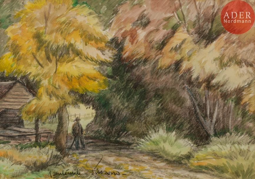 Paul-Émile PISSARRO (1884-1972)
Personnage sur le chemin
Aquarelle et fusain.
Signée en bas à gauche.
25 x 35 cm