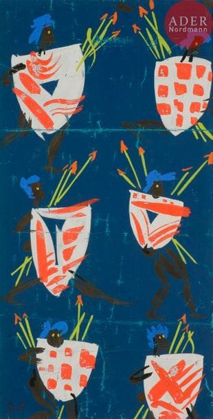 Raoul DUFY (1877-1953)
Projet de tissu
Gouache.
Porte le timbre du monogramme en bas à gauche.
(Plis cassés et usures).
34 x 17 cm