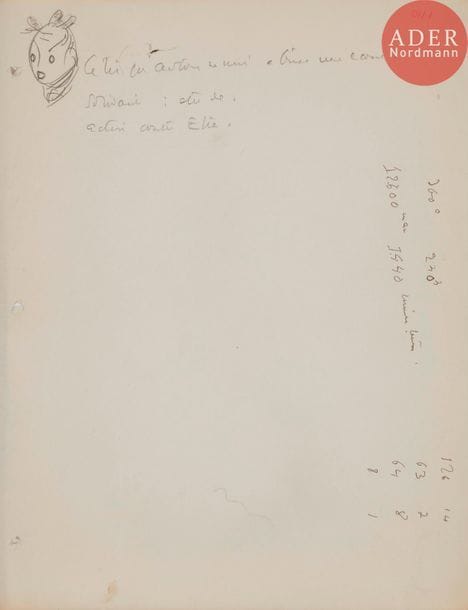 Antoine de SAINT-EXUPÉRY (1900-1944)
Caricature d’homme
Crayon noir sur calque.
Non signé.
27,5 x 21,5 cm

On joint : Tête d’enfant, mine de plomb sur calque, 27.5 x 21.5 cm, annotée. Œuvre en rapport : Tête d’enfant, encre sur papier, 28 x 22 cm, reproduit in Delphine Lacroix, Antoine de Saint-Exupéry, Dessins, Aquarelles, pastels, plumes et crayon, Gallimard, 2006, n°315.