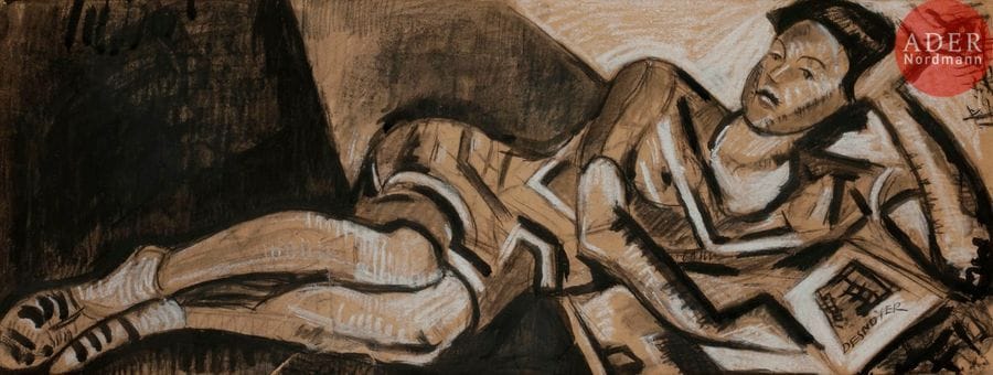 François DESNOYER (1894-1972)
Femme étendue au livre
Fusain et pierre blanche.
Signé en bas à droite.
28.5 x 74 cm