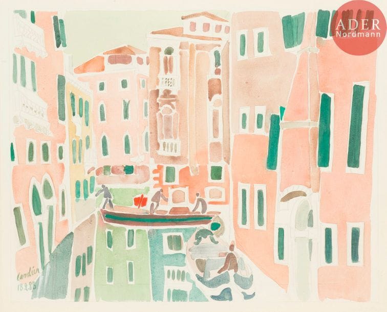 Henri LANDIER (né en 1935)
Rio del Malibran, 1988
Aquarelle sur traits de crayon.
Signée et datée en bas à gauche.
Titrée au dos du montage sur l’étiquette de l’atelier.
60 x 77 cm