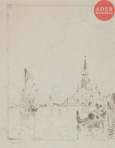 Amédée ROSIER (1831-1898)
Venise, gondolier sur le Grand Canal
Lavis d’encre.
Porte le timbre de la vente de l’atelier en bas à droite (Lugt 2149).
13 x 8 cm

On joint : une composition similaire au crayon (dans un même montage).