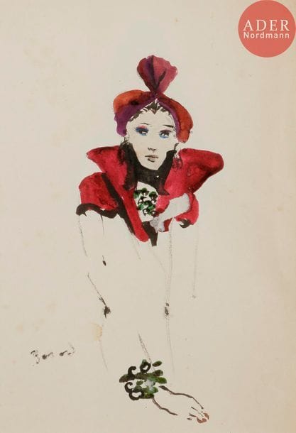 Christian BÉRARD (1902-1949)
Femme en buste (projet présumé pour « Schiaparelli »), vers 1934
Encre et aquarelle.
Signée en bas à gauche.
(Rousseurs et trace de papier).
34.5 x 22.5 cm