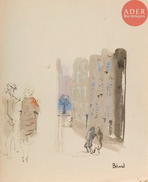 Christian BÉRARD (1902-1949)
Études de personnages en ville
Encre, lavis d’encre et aquarelle.
Porte le timbre de la signature en bas à droite.
31.5 x 25.5 cm