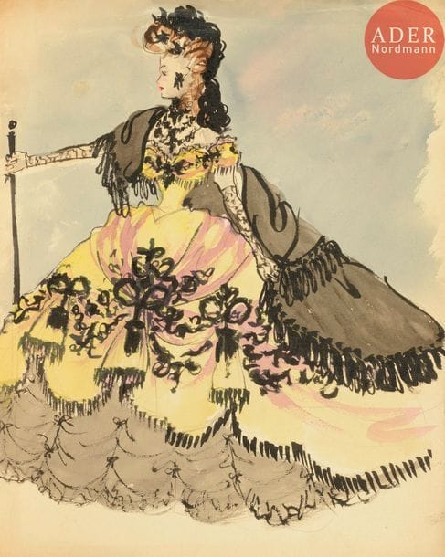 Christian DIOR (1905-1957)
Femme en robe Belle Époque (projet de costume)
Encre et aquarelle.
Non signée.
(Petites déchirures).
32 x 25 cm