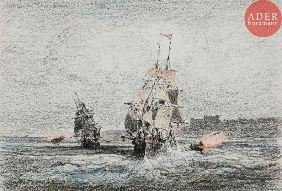 Jules NOËL (1810-1881)
La Rade, Port-Louis
Fusain et crayons de couleurs.
Signé en bas à gauche et titré en haut à gauche.
15.5 x 22.5 cm