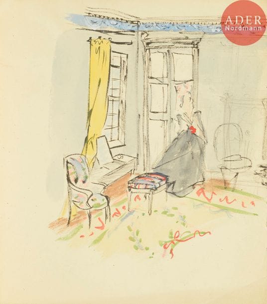 Christian DIOR (1905-1957)
Femme dans un intérieur
Encre et aquarelle.
Non signée.
24 x 21.5 cm