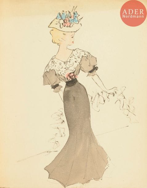 Christian DIOR (1905-1957)
Femme en robe, projet pour le film « Le Silence est d’or » de René Clair, vers 1947
Encre et aquarelle.
Annotée au dos.
32.5 x 26 cm