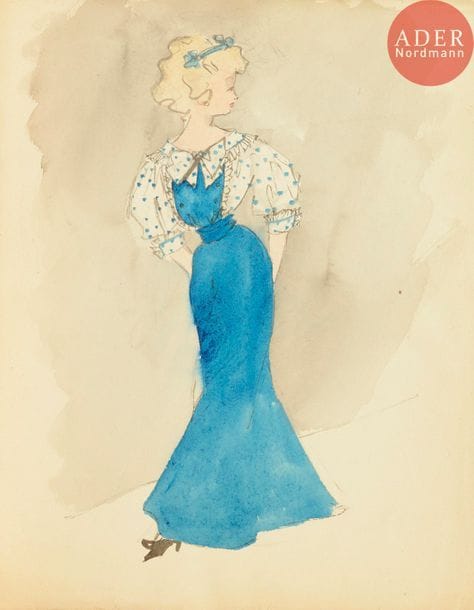 Christian DIOR (1905-1957)
Femme en robe bleue (projet de costume)
Aquarelle.
Non signée.
32.5 x 25.5 cm