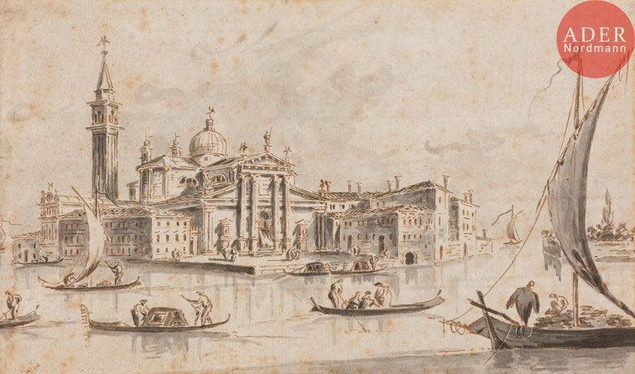 Giacomo GUARDI (1764-1835)
Venise, l’île de San Giorgio Maggiore
Plume, encre brune et lavis gris.
Signée et située au dos.
(Rousseurs).
12.5 x 21.5 cm