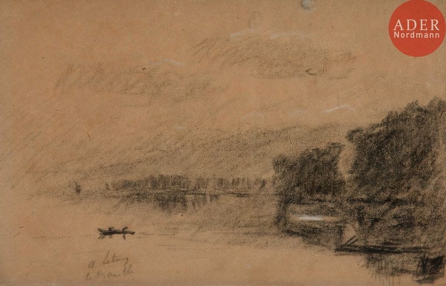 Albert LEBOURG (1849-1928)
Bord de Seine à la Bouille
Fusain et craie blanche.
Signé et situé en bas à gauche.
19 x 28 cm