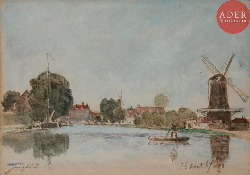 Johan Barthold JONGKIND (1819-1891)
Village et moulins au bord d’un canal, 1867
Aquarelle.
Porte le timbre de la signature en bas à gauche (Lugt 1401).
Datée en bas à droite.
22 x 31 cm

Provenances : 
- Vente Galerie Georges Petit, Me Lair-Dubreuil et H. Baudoin, 16 et 17 décembre 1919, n°159.
- Vente Drouot, 18 décembre 1933, n°82.
- Vente Palais Galliera, 24 juin 1963, n°25.
- Collection particulière, Paris. Par descendance.

Exposition : 
Jongkind, exposition itinérante du 1er juin au 5 juillet 1996, Brame et Lorenceau / Centre d’Art et d’Animation Raymond du Puy, Le Vieux Poët-Laval (Drôme), du 12 juillet au 15 septembre 1996, n°25.

Cette aquarelle est référencée dans les archives du Comité Jongkind, Paris-La Haye sous le n°G00024D.
