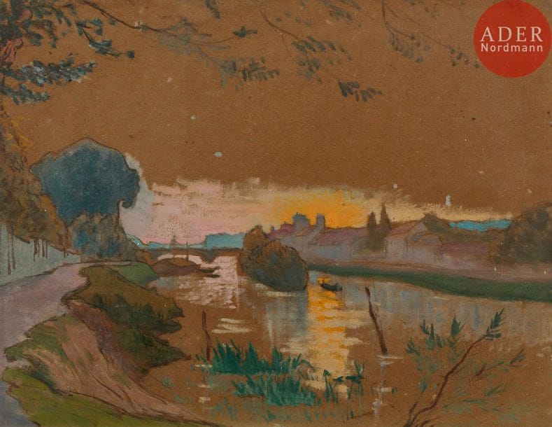Léo GAUSSON (attribué à) (1860-1944)
Pont sur la Seine, vers 1885-90
Huile et traits de fusain sur carton bistre.
Non signé.
27 x 35 cm

Provenance : 
Collection du sculpteur Alexandre Charpentier, ami de l’artiste. Par descendance.