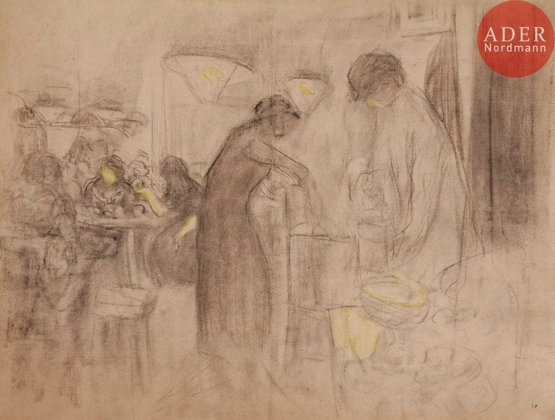 Édouard VUILLARD (1868-1940)
Étude pour « L’Ouvroir »
Fusain et pastel jaune sur papier doublé.
Porte le cachet de l’atelier en bas à droite.
48 x 63 cm

Cette étude avait été envisagée pour une version finale qui n’a jamais existé, pensée au profit d’une vente de charité pour les soldats de la Grande Guerre. Elle représente le moment de la distribution de la soupe dans un atelier - souvent à caractère confessionnel - où des femmes bénévoles se livrent à des travaux d’aiguille pour des œuvres de bienfaisance. La curiosité de cette œuvre vient de son traitement très nabi, quinze ans après. Vuillard, en fait, ne s’est jamais défait de la vision synthétique de ses jeunes années ; ses œuvres du début, qu’il conserve dans son atelier et qu’il consulte régulièrement, lui servent parfois à l’élaboration des œuvres en cours, comme ici pour La Soupe à l’Ouvroir. 

Nous remercions Monsieur Mathias Chivot pour les informations contenues dans cette notice.
Cette œuvre est enregistrée dans les Archives Vuillard.