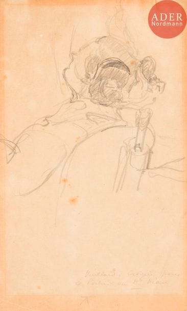 Édouard VUILLARD (1868-1940)
Le Docteur Georges Viau dans son cabinet dentaire, vers 1914
Mine de plomb.
Non signée.
(Papier insolé).
21 x 12.5 cm

Ce dessin est une étude pour le tableau Le Docteur Viau dans son cabinet dentaire, 1914, conservé au Musée d’Orsay.

Cette œuvre est enregistrée dans les Archives Vuillard. Un certificat à la charge de l’acquéreur pourra être délivré.