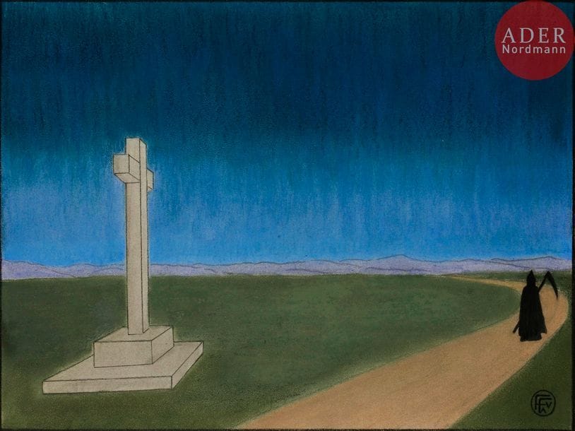 Fernand FAU (1858-1917)
La Mort et la faux
Crayon et pastel.
Monogrammé en bas à droite.
29 x 41.5 cm