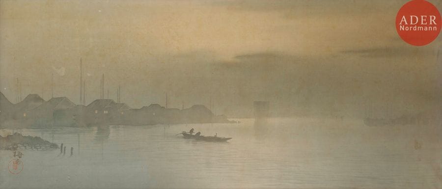 ÉCOLE JAPONAISE
Pêcheur aux aurores
Peinture sur soie.
Signée en bas à gauche.
Cachet rouge de l’artiste.
40 x 90 cm