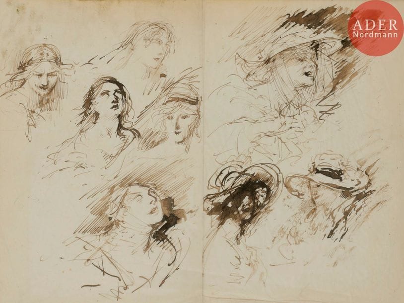 Charles LÉANDRE (1862-1934)
Études de portraits de femme
Encre sur papier calque.
Non signée.
22 x 26.5 cm