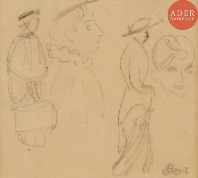 Louis HAYET (1864-1940)
Étude de femmes – Deux études de paysannes
3 dessins, crayon noir et/ou aquarelle.
Portent le timbre de l’atelier.
14 x 16 cm - 15 x 11.5 cm - 12 x 6 cm
14 x 16 cm