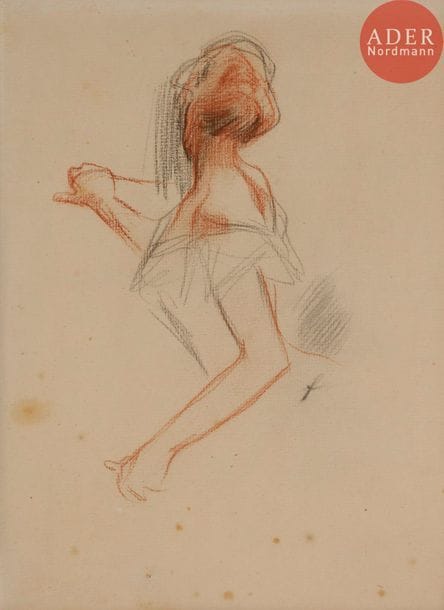 Jean-Louis FORAIN (1852-1931)
Étude d’élégante
Fusain et sanguine.
Monogrammé.
28 x 21 cm