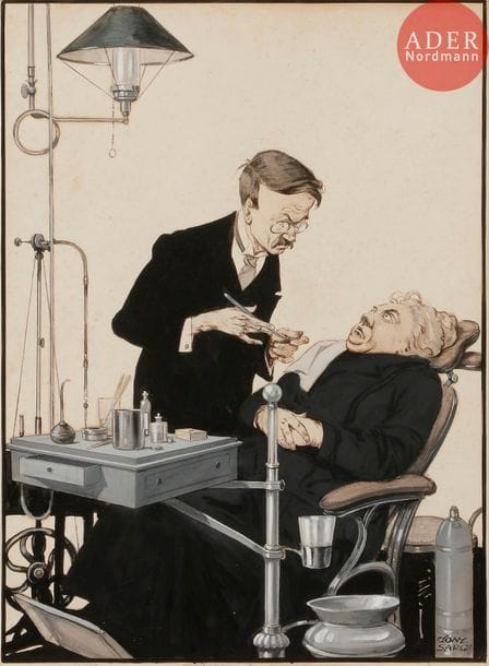Tony SARG (1882-1942)
Chez le dentiste, 1911
Encre et gouache.
Signée et datée en bas à droite.
Légendée au dos.
48.5 x 36.5 cm