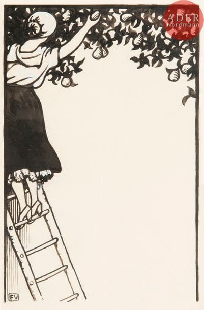 Félix VALLOTTON (1865-1925)
La Cueilleuse de poires
Encre et rehauts de gouache blanche.
Monogrammé en bas à gauche.
(Collé en plein).
33 x 25 cm