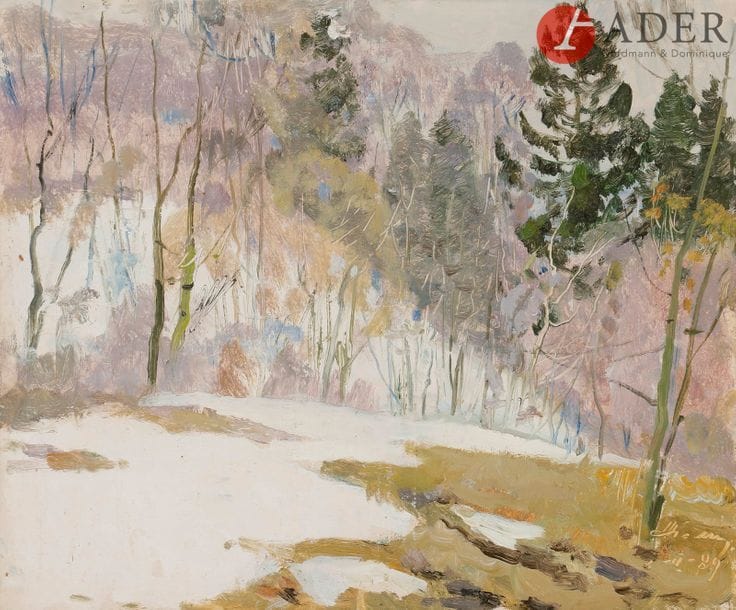 Petr Timofeevitch FOMIN (1919 - 1996)
Mars, 1989
Huile sur carton.
Signée et datée III/89 en bas à droite. Titrée au dos.
24 x 29,5 cm

Петр Тимофеевич ФОМИН (1919 - 1996)
Март. 1989
Картон, масло.
Подпись с датой III/89 внизу справа. Название на обороте.
24 х 29,5 см