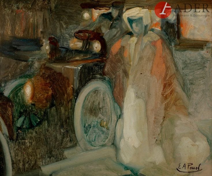 Ilya Anatolievitch dit Elie-Anatole PAVIL (1873 - 1944)
Femme devant une voiture occupée par deux hommes
Huile sur carton.
Signée en bas à droite.
23 x 28,5 cm

Илья Анатольевич (Эли-Анатоль) ПАВИЛЬ (1873-1944)
Женщина у автомобиля с двумя мужчинами
Картон, масло.
Подпись внизу справа.
23 х 28,5 см