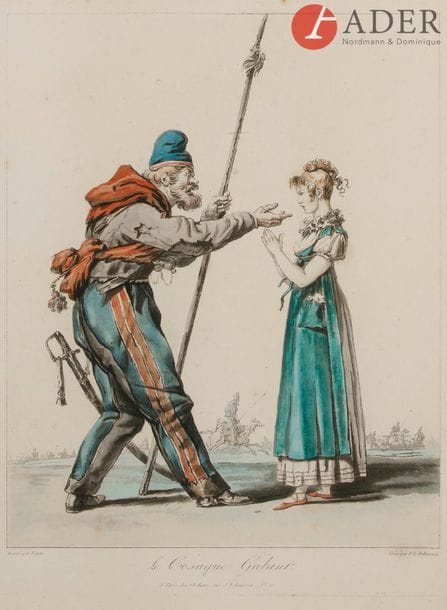 Carle VERNET (1758 - 1836) [dessiné par]
Philibert-Louis DEBUCOURT (1755 - 1832) [gravé par]
Le Cosaque Galant (Collection de costumes dessinés d’après nature)
Aquatinte rehaussée à l’aquarelle.
Éditée par Charles Bance, à Paris. S. d. [1815].
39 x 29 cm ; sous verre.

Карл ВЕРНЕ (1758 - 1836) [рисовал]
Филибер-Луи ДЕБЮКУР (1755 - 1832) [гравировал]
Галантный казак (Из коллекции костюмов, нарисованных с натуры)
Бумага, акватинта, акварель.
Париж, издание Шарла Банса, без даты [1815].
39 х 29 см; под стеклом.