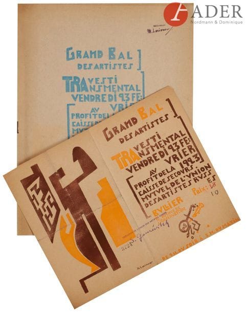 Grand Bal des Artistes TRAvesti TRAnsmental du 23 février 1923, donné au bal Bullier à Paris au profit de la caisse de secours mutuel de l’Union des artistes russes.
1) Programme du bal.
Illustrations de Juan Gris, Picasso, Gontcharova, Derain…
Reproductions de poèmes de Tristan Tzara, Vincente Huidobro, Halina Izdebska et autres.
Bullier, 31, avenue de l’Observatoire. 16 pages non numérotées.
Cachet de la bibliothèque de Mikhaïl LARIONOV sur le premier plat en haut à droite.
33 x 25,5 cm
2) Mikhaïl Fedorovitch LARIONOV (1881 - 1964)
Billet d’entrée N°3724.
Bois en couleurs réalisé par Larionov et le typographe Iliazd.
22,2 x 27,7 cm

Благотворительный бал 1923 года в пользу кассы взаимопомощи Союза русских художников.
1) Программа бала.
Иллюстрации разных художников, в том числе: Михаила Ларионова, Натальи Гончаровой, Пабло Пикассо, Андре Дерена. Факсимильные стихотворения разных поэтов.
Париж, Bullier, 31, avenue de l'Observatoire. 16 с. не пронумерованы.
Печать библиотеки Михаила ЛАРИОНОВА на обложке наверху справа.
33 х 25,5 см
2) Михаил Федорович ЛАРИОНОВ (1881 – 1964).
Билет № 3724 для Большого Бала Художников.
23 февраля 1923.
Шрифт выполнил Илья Михайлович Зданевич (Ильязд).
22,2 х 27,7 см
Гончарова и Ларионов участвовали в организации по меньшей мере четырёх благотворительных балов в 1920-е годы; Большой Бал Художников был задуман с наибольшим размахом.
И. М. Зданевич (1894 - 1975) - поэт, литератор, художник, оформитель и издатель с польскими и грузинскими корнями. Был одним из тех, кто открыл талант Пиросмани. Прибыл в Париж в 1921 и жил сначала у Ларионова.