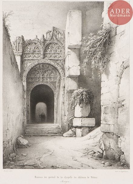 Charles Marie Bouton (1781-1853)
Auvergne, 1831.
Ruines du portail de la chapelle du château de Delzic.
Lithographie originale de Engelmann. Titre et crédits dans la marge inférieure.
53 x 34 cm avec marges