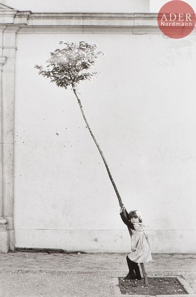 Sabine Weiss (1924)
Petite fille, petit arbre, 1981.
Épreuve argentique (2007), signée à l’encre dans la marge inférieure à droite. Tampon, date et signature du tireur Philippe Salaün au verso.
40 x 30 cm avec marges

Lots de 207 à 256
 Dans la continuité de la vente de la bibliothèque Claudine et Jean-Pierre Sudre du 30 novembre 2013, nous avons l’honneur et le privilège de présenter aujourd’hui une collection photographique particulière à plus d’un titre, issue de la vie d’un couple que l’expérience créatrice immergea et ancra profondément dans le processus photographique.
L’œuvre photographique de Jean-Pierre Sudre, dont nous montrons seulement une parcelle, constitue le principal corpus de cette collection. Technicien perfectionniste, grand pédagogue, il se consacre pendant des années à l’enseignement de la photographie en mettant en avant la technique et l’approche expérimentale, d’abord à Paris puis dans le Sud, à Lacoste. Il commence par photographier les sous-bois et les natures mortes dont il se fait une spécialité. A partir des années 1960, il développe un lien spirituel et métaphysique avec la matière. Il y rentre et expérimente de nouveaux procédés et découvre la cristallisation des sels d’argent sur plaque de verre dont il se sert comme négatif. Il cherche parmi les techniques du 19e siècle pour affiner la sienne, comme l’utilisation du mordançage, du rayogramme et des virages, pour créer l’abstraction et le jeu des formes à travers un monde minéral au répertoire illimité. Il crée des images totalement nouvelles, des poèmes photographiques et des paysages imaginaires, sublime la couleur en lui donnant une dimension dynamique et expressive et repousse les limites du medium avec une volonté profondément avant-gardiste. Son travail sera consacré lors d’une exposition au MoMA à New York en 1967, sous la direction de John Szarkowski, en compagnie de Denis Brihat et Pierre Cordier, A European Experiment. Photographs  by Brihat – Cordier –