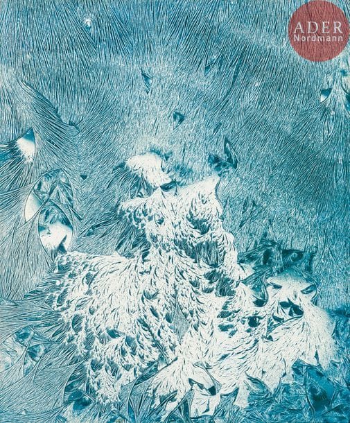 Jean-Pierre Sudre (1921-1997)
Neigios, 1966.
Épreuve argentique d’époque (mordançage) montée sur panneau de bois, dans son encadrement d’origine, signée, titrée, datée et numérotée 1/1 (pièce unique) au verso du montage avec étiquette de prêt du MoMA et tampon de douane.
46 x 38 cm