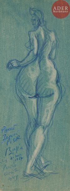 Brassaï (Gyula Halasz, dit) (1899-1984)
Nu de dos, 1944.
Dessin au crayon bleu signé, daté et dédicacé en bas à gauche « Pour Jean-Pierre - Brassaï - 21 janv. 1967 - Paris 1944 ».
24 x 8,7 cm