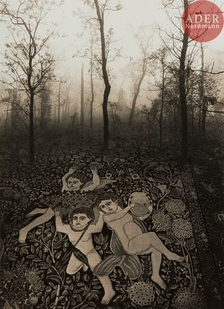 Jerry Norman Uelsmann (1934)
Sans titre [tapisserie et forêt en surimpression), 1976.
Épreuve argentique d’époque contrecollée sur carton, signée des initiales et datée sur le montage en bas à droite. Signature, date et étiquette du photographe au verso du montage.
35 x 25,5 cm