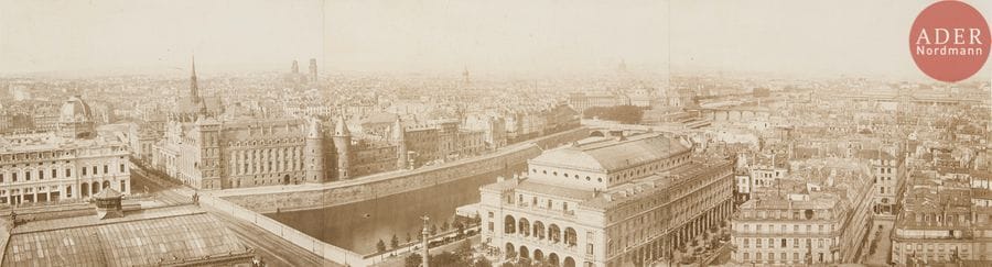 Paul-Augustin Gueuvin (1809-?)
Paris, c. 1862.
Panoramas depuis la Tour Saint Jacques.
Deux (2) panoramas composés chacun de trois (3) épreuves sur papier albuminé contrecollées sur cartons. Crédit du photographe et légendes tapuscrites sur les montages.
Format des panoramas : 24 x 86 cm
Format des épreuves : 24 x 28,5 cm