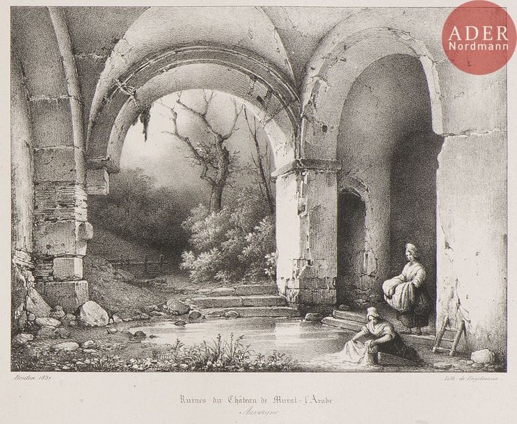 Charles Marie Bouton (1781-1853)
Auvergne, 1831.
Ruine du château de Murat-l’Arabe. Salle basse du château Mandulphe. Ruines du château de Miremont.
Trois (3) lithographies originales de Engelmann. Titres et crédits dans la marge inférieure.
Format : 53 x 34,5 cm avec marges