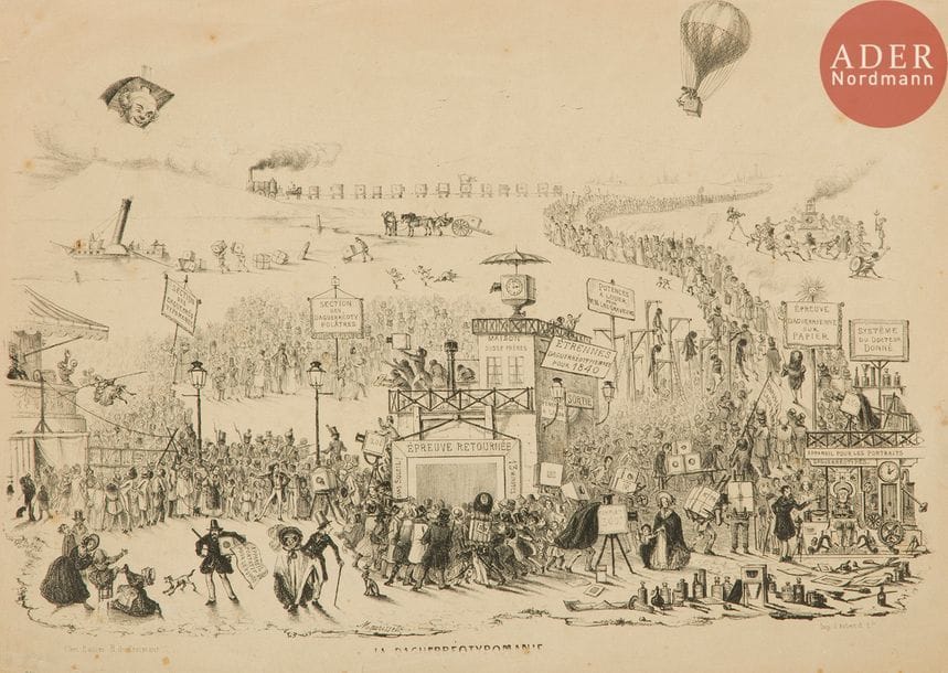 Théodore Maurisset (1803-1860)
La daguerréotypomanie, c. 1845.
Imprimerie d’Aubert & Cie.
Lithographie originale.
25,7 x 36,2 cm

Provenance :
collection Claudine et Jean-Pierre Sudre.
