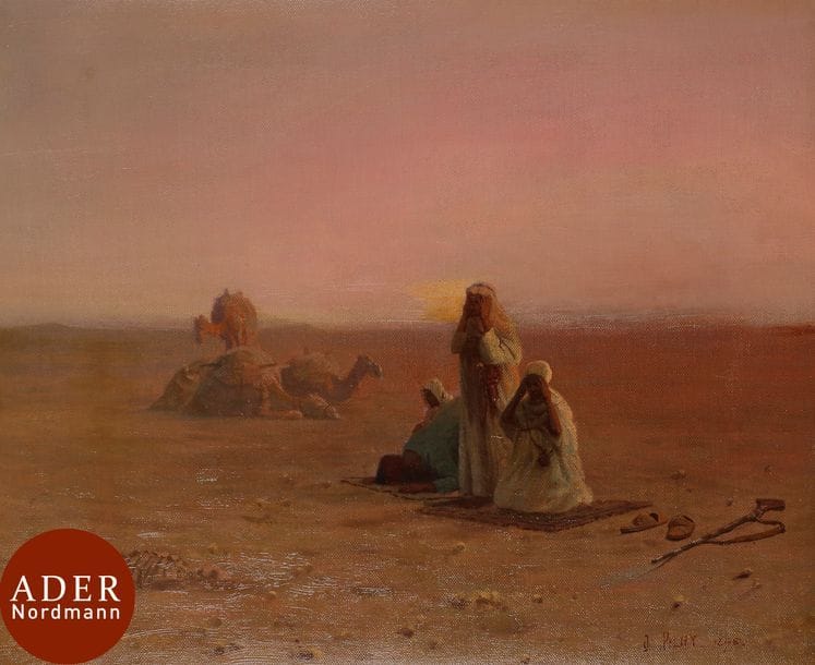 Otto F. PILNY (1866-1936)
Bédouin au crépuscule, 1898
Huile sur toile.
Signée et datée en bas à droite.
(Rentoilée).
36 x 42 cm