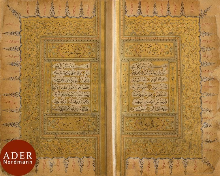 Coran ottoman, Turquie, signé Ahmad Jalal al-Din ibn al-Hajj Muhammad Efendi et daté 1279H. / 1862
Quinze lignes de texte par page en écriture naskhi à l’encre noire. Titres des sourates à l’encre noire sur fond d’or, rosettes dorées séparant les versets, médaillons marginaux enluminés à l’or et en polychromie indiquant les juz et hizb. Quelques notes marginales et dans le corps du texte à l’encre rouge. Frontispice en double page richement enluminé à l’or et en polychromie présentant le texte en réserve sur fond d’or et encadré d’unwâns et ceinturé d’un bandeau d’arcatures garnies de rinceaux végétaux et prolongées de tiges florales rouges et bleues. Le texte du colophon, inscrit dans un médaillon hexagonal aux marges enluminées à l’or de rinceaux végétaux, indique le nom du copiste Ahmad Jalal al-Din ibn al-Hajj Muhammad Efendi et donne la date de 1279H. / 1862. Manuscrit achevé par une invocation de clôture du Coran au titre enluminé de la même façon que les titres de sourates. Deux cachets de propriétaire (donnant des noms, probablement Muhammad Hafiz Hajj ? et une date 1374H.. / 1954 ?). Reliure ottomane à rabat en cuir vert à cadre estampé et décor de composition florale peinte à l’or dans un encadrement rectangulaire.
Dim. reliure : 18 x 12,6 cm
État : quelques taches, déchirures, des restaurations sur plusieurs pages et la reliure au cuir usé et restauré par endroits.

An Ottoman Qur’an, signed and dated 1279H. / 1862, Turkey