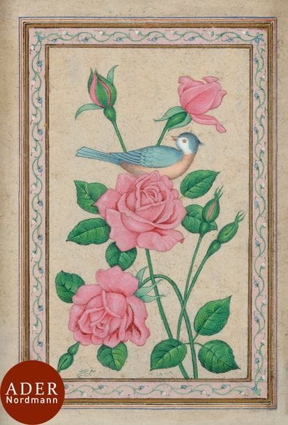 Deux compositions florales, Rose et rossignol, gol o bolbol, et tige florale et papillon, Iran, signées Arjanghi et datées 1327H. / 1909, et 1328H. / 1910
 Aquarelles à encadrement de tiges florales sur fond vert à marges écrues. Signées en bas à droite et datées à gauche et inversement.
Dim. pages : 22 x 14,5 et 21,5 x 14,5 cm
 
Two Rose-and-Nightingale (gul-o bulbul) compositions, Signed Arjanghi, Qajar Iran, dated 1909 and 1910