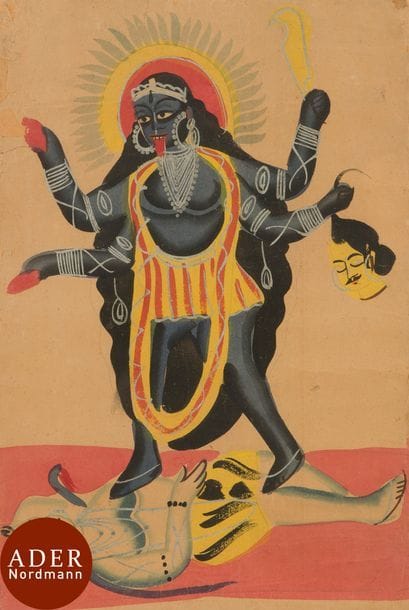 Kali et Civa, Kalighat, Inde du Nord, Calcutta, vers 1860-70.
La déesse Kali danse sur le corps de Shiva, Nish-Kala.Aquarelle sur papier.
dim. : 41,5x28 cm

Goddess Kali dancing on Shiva, North of India, Kalighat, second half of 19th century