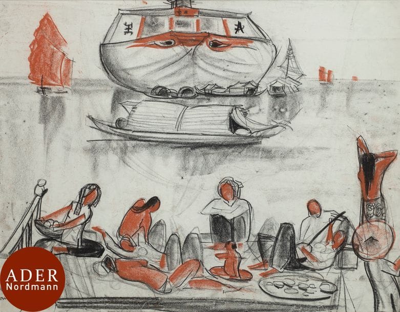 André MAIRE (1898-1984)
Indochine, repas au bord de l’eau, 1951
Fusain et sanguine.
Signé et daté en bas à gauche.
42 x 54 cm
