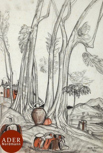 André MAIRE (1898-1984)
Indochine, repos sous les arbres, 1951
Fusain et sanguine.
Signé et daté en bas à droite.
54 x 36 cm